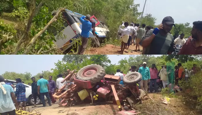 రోడ్డు ప్రమాదం.. బస్సు, ట్రాక్టర్ ఢీ కొని బస్సు బోల్తా..