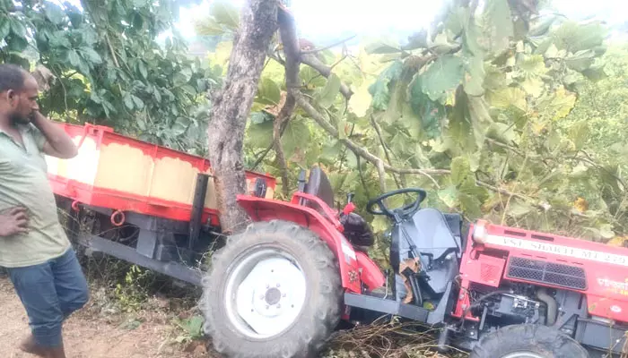 అదుపుతప్పి చెట్టును ఢీకొన్న టాక్టర్