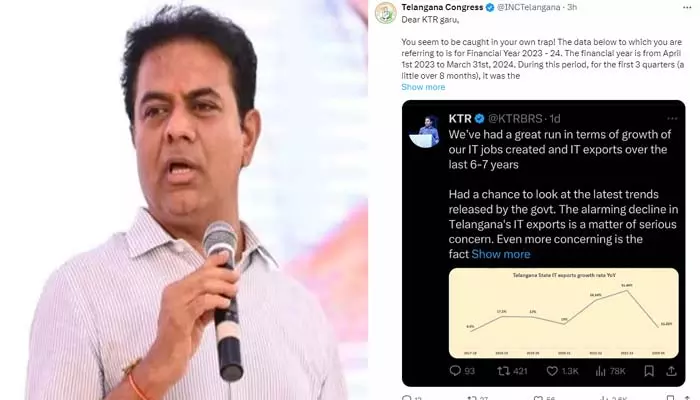 KTR: సొంత ట్రాప్ లో కేటీఆర్ బీఆర్ఎస్ వర్కింగ్ ప్రెసిడెంట్ ట్వీట్ పై టీ కాంగ్రెస్ కౌంటర్