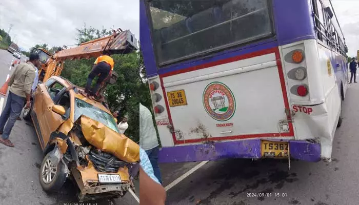 బస్సును ఢీ కొట్టిన కారు ముగ్గురికి గాయాలు..