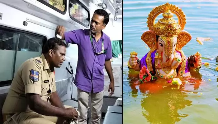 Ganesh Immersion : భక్తుల హృదయాలు గెలిచిన పోలీస్! తలకు గాయమైనా నిమజ్జనం డ్యూటీ