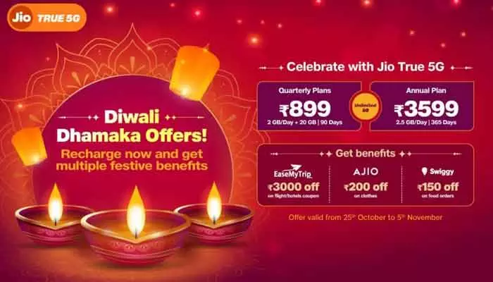 Reliance Jio: కస్టమర్లకు రిలయన్స్ జియో దీపావళి ఆఫర్స్.. ఈ రీఛార్జ్​ ప్లాన్లపై రూ.3,350 విలువైన బెనిఫిట్స్..!