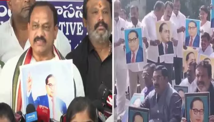 అసెంబ్లీ ప్రాంగణంలో కాంగ్రెస్ ఎమ్మెల్యేలు, ఎమ్మెల్సీల ధర్నా